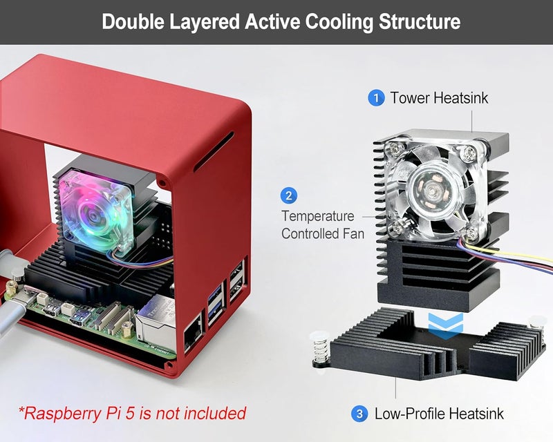 ElectroCookie Raspberry Pi 5 Case, Aluminum Mini Tower Case with Cooling Fan and Color Changing Ambient Light (Red) - Image 2
